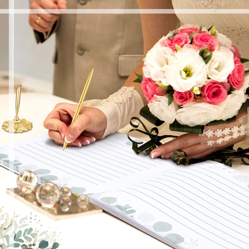 Geyee Geyee 3 Pcs Wedding Guest Book Set, Wedding Reception Registry Book with Pen and Holder Guestbook Registry Table Sign for Bridal Proposal(Eucalyptus)  - Image 5