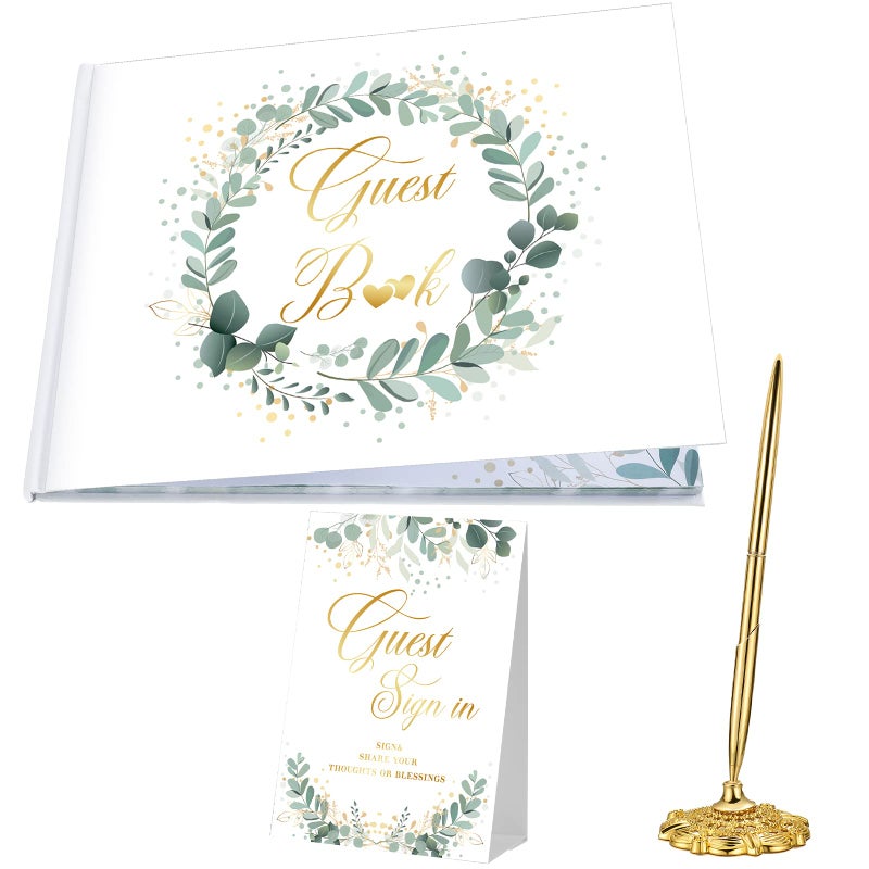 Geyee Geyee 3 Pcs Wedding Guest Book Set, Wedding Reception Registry Book with Pen and Holder Guestbook Registry Table Sign for Bridal Proposal(Eucalyptus)  - Image 1