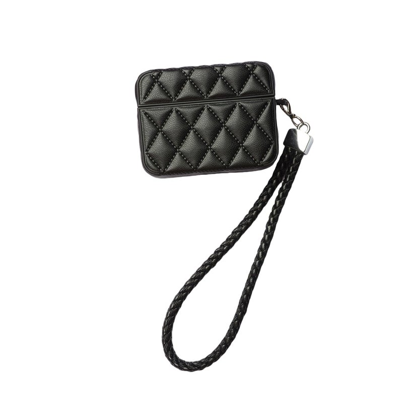 ELVRLA Earphone Case for AirPods Pro, Elegant Classical Diamond PU Leather Surface Earphone Case Soft Silicone Case, AirPods Pro Cover Protective Case Skin Protector for Earbuds +Lanyard-Black - Image 1