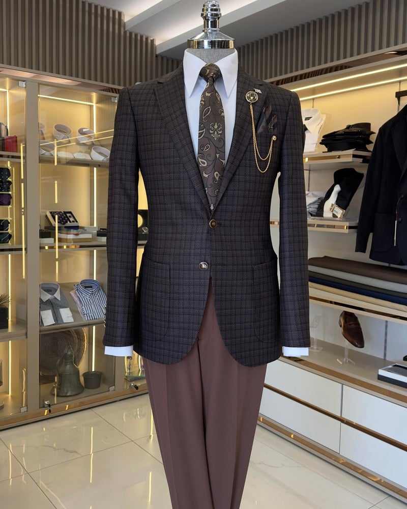 Terzi Adem Altun Terziademaltun Italian Style Slim Fit Mono Collar Plaid Men's Jacket Brown T10750 - Image 1
