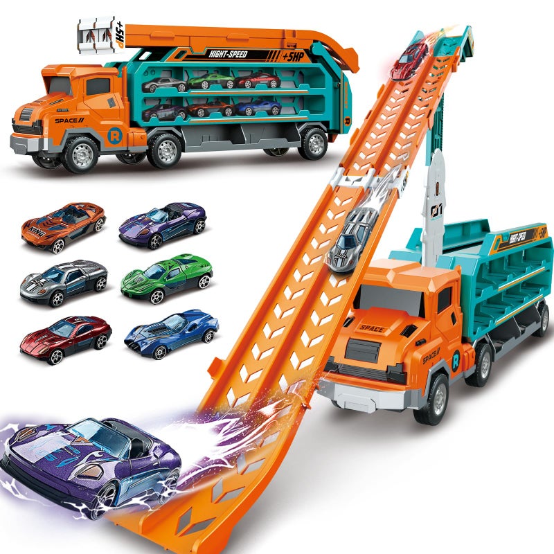 ShyLizard Toddler Car Truck ToysCar Carrier Truck Toy for Kids Age 35 48Foldable Car Track Sets with 28Ft Race Track and 6 DieCast Race Cars Truck Toys Gifts for 3 4 5 6 7 8 Year Old Boys Girlsorange - Image 2
