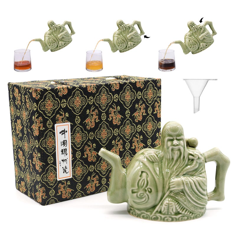 LURRIER Assassins Teapot Handmade Chinese Ceramic Tea Kettle One Pot Three DrinksTwo Chambers Kettle Drink Dispenser Magic Trick Kettle with Gift Box16 ozGreen
