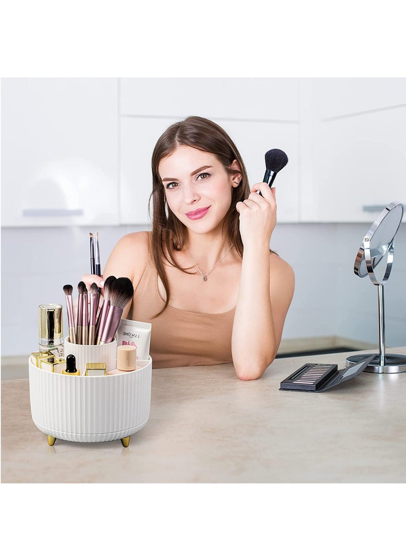 SYOSI Makeup Brush Holder, 360° Rotating Makeup Organiser, Cosmetic Shelf, Eyeshadow Brush, Lipstick Case, Cosmetic Organisers with 5 Compartments for Dressing Table, Bedroom, Bathroom (White) - Image 3