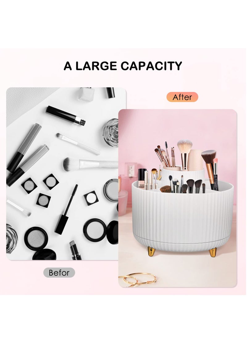 SYOSI Makeup Brush Holder, 360° Rotating Makeup Organiser, Cosmetic Shelf, Eyeshadow Brush, Lipstick Case, Cosmetic Organisers with 5 Compartments for Dressing Table, Bedroom, Bathroom (White) - Image 2