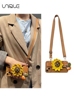 Unique Crossbody Bag Women's Phone Case Compatible With iPhone 14, Beautiful Sunflower Wristband Grip Stand Camera Protection Shock Protection Female Girl iPhone 14 Phone Case, Brown  - Image 1