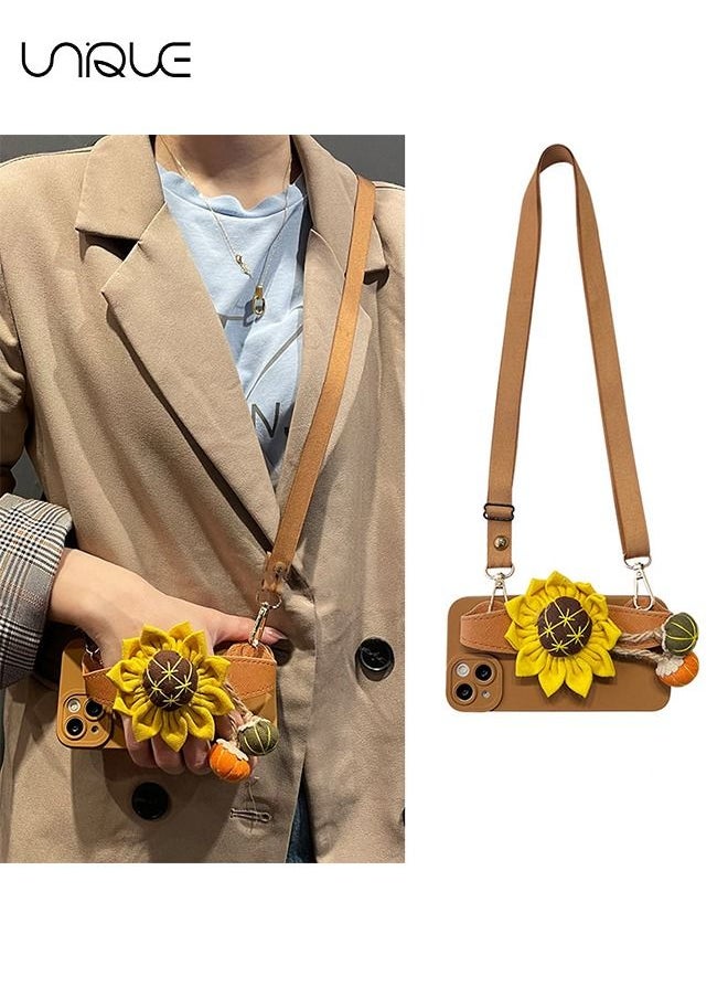 Unique Crossbody Bag Women's Phone Case Compatible With iPhone 14, Beautiful Sunflower Wristband Grip Stand Camera Protection Shock Protection Female Girl iPhone 14 Phone Case, Brown  - Image 1