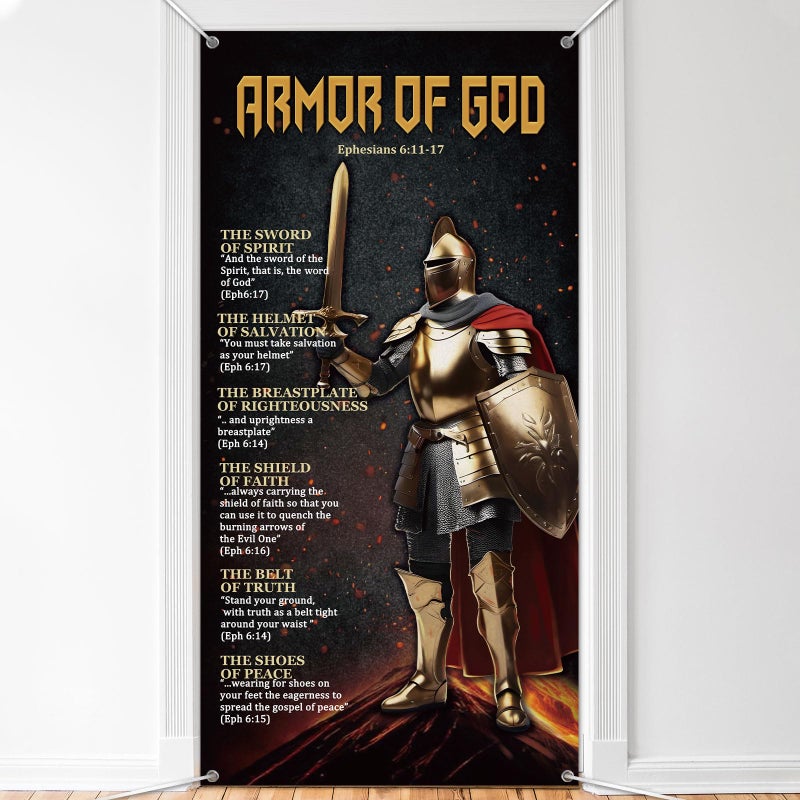Blulu Armor of God Door Cover 71 x 35 Inch Armor Knight Door Banner Fabric Medieval Themed Wall Sign Christian Catholic Knight Photo Background with Rope for Medieval Party Indoor Outdoor Decor - Image 1