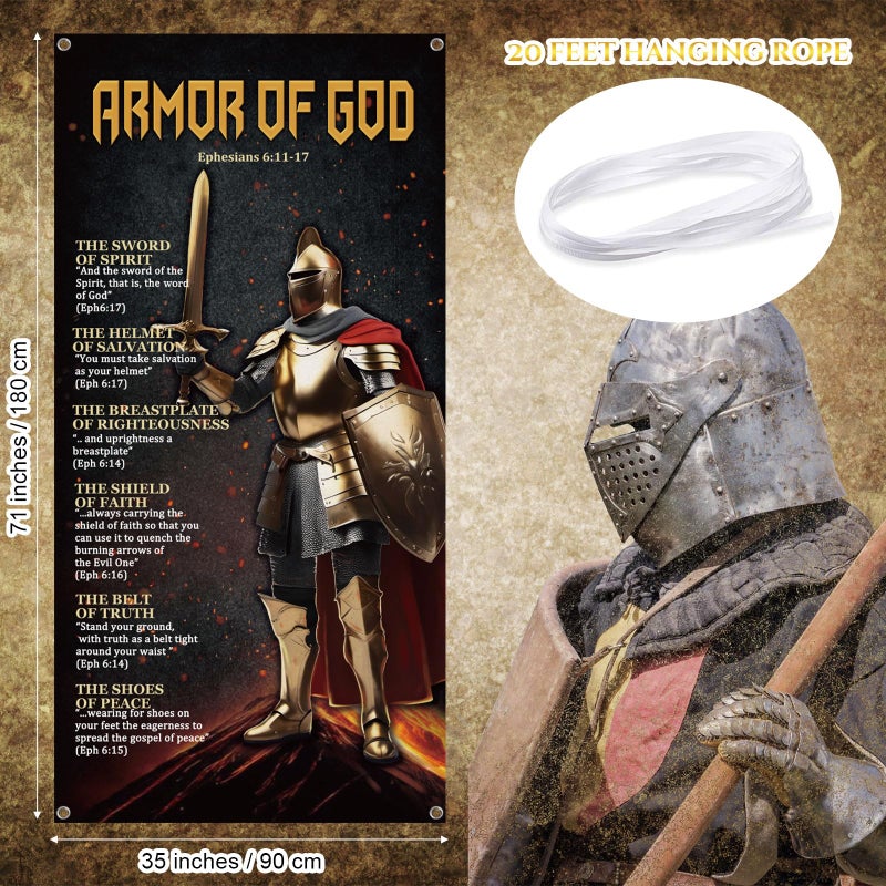 Blulu Armor of God Door Cover 71 x 35 Inch Armor Knight Door Banner Fabric Medieval Themed Wall Sign Christian Catholic Knight Photo Background with Rope for Medieval Party Indoor Outdoor Decor - Image 2