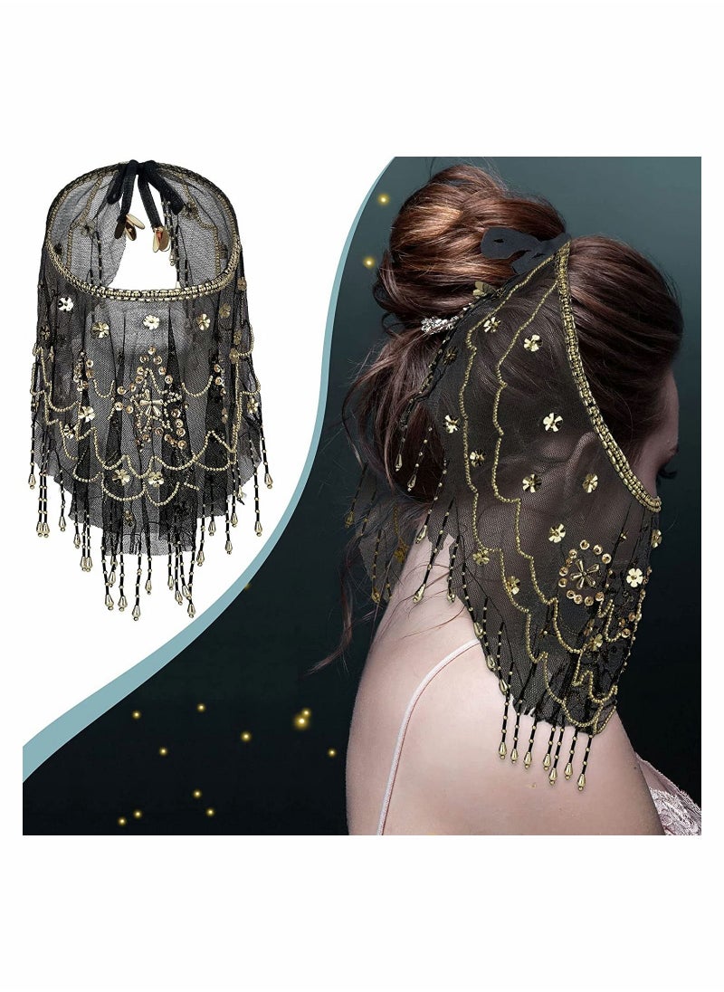 KASTWAVE - Women Belly Dance Face Veil, Belly Dance Face Veil Beads Sequins - Image 1