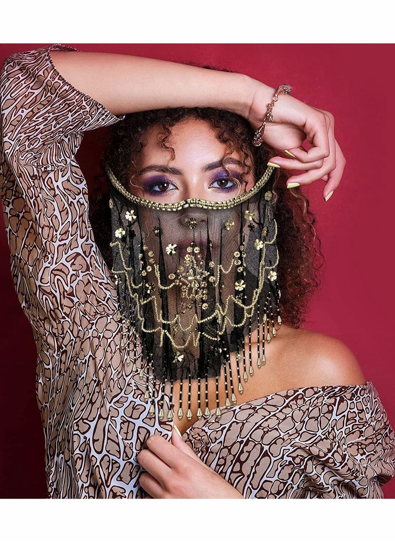 KASTWAVE - Women Belly Dance Face Veil, Belly Dance Face Veil Beads Sequins - Image 1