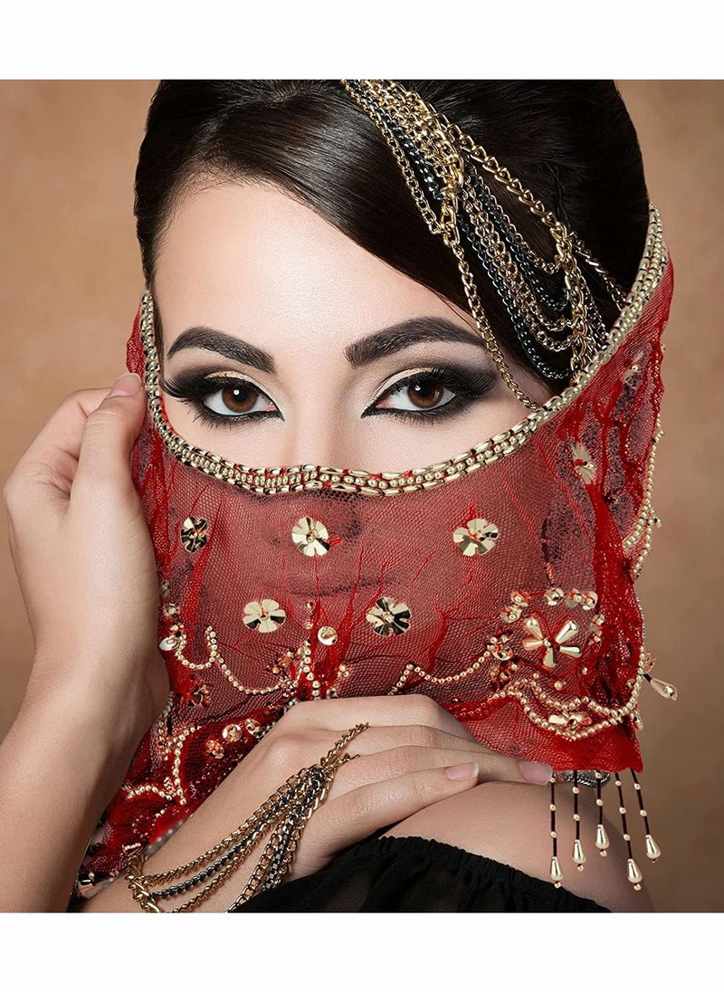 KASTWAVE - Women Belly Dance Face Veil, Belly Dance Face Veil Beads Sequins - Image 1