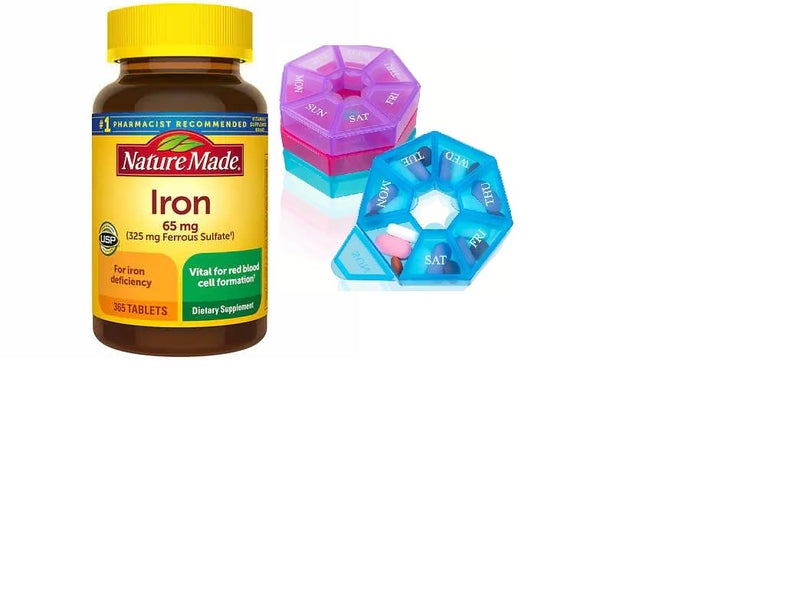 Nature Made Iron 65 mg 325 mg Ferrous Sulfate Tablets Dietary Supplement for Red Blood Cell Support 365 Tablets 365 Day Supply Bunde with Weekly Pill Organizer