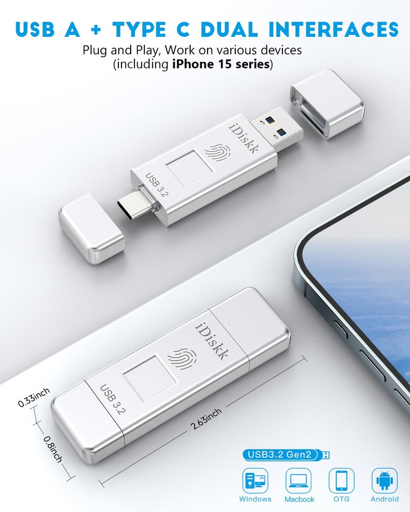 iDiskk SSD 1TB 500MB/S Fingerprint Encryption High Speed Flash Drive Photo Stick for iPhone 15/15 Plus/15 Pro/15 Pro Max,USB C iPad, MacBook,Laptops,Android &PC,ONE-Click Backup Photos &Videos - Image 3