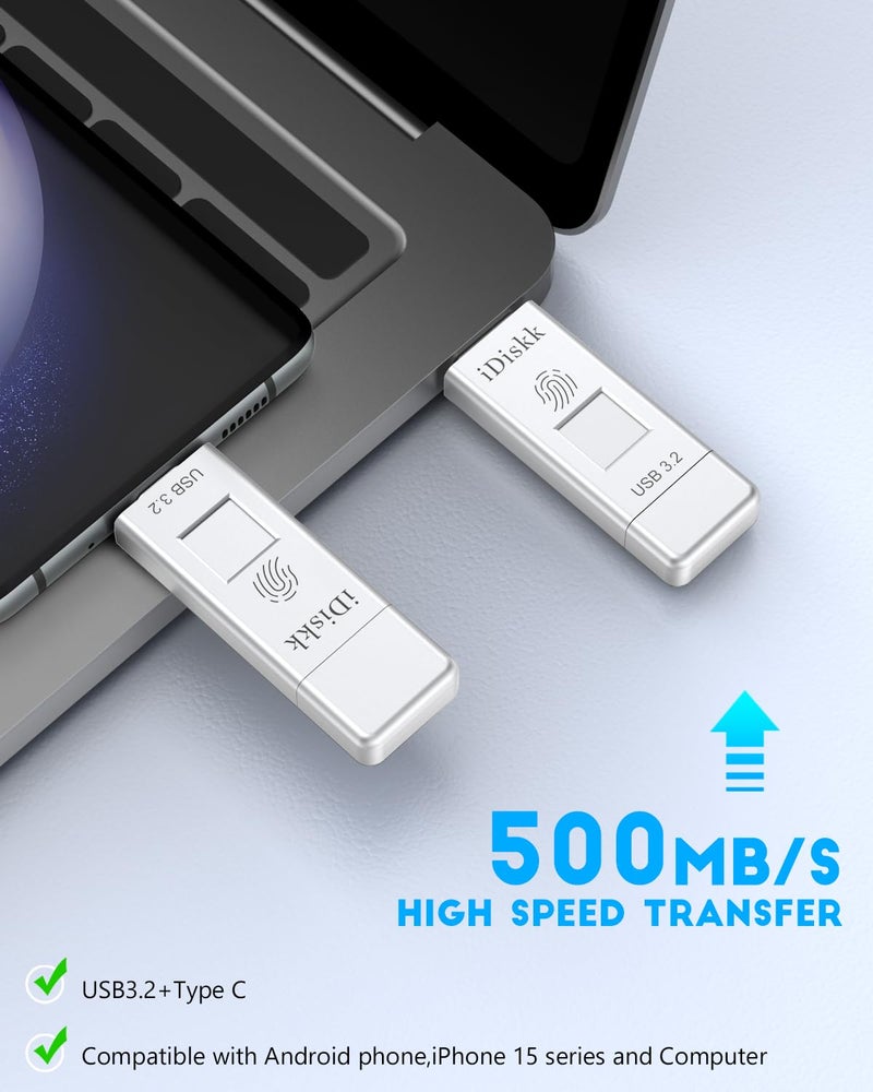 iDiskk SSD 1TB 500MB/S Fingerprint Encryption High Speed Flash Drive Photo Stick for iPhone 15/15 Plus/15 Pro/15 Pro Max,USB C iPad, MacBook,Laptops,Android &PC,ONE-Click Backup Photos &Videos - Image 4