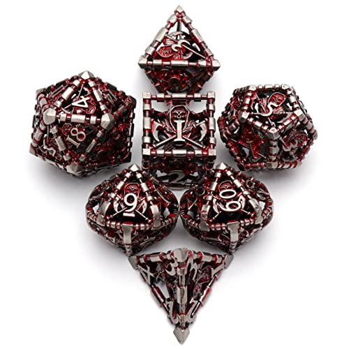 HNCCESG Hollow Grim Reaper Metal DND Dice Set7Piece Polyhedral RPG Dice 3D Hollow Skeleton Design Blood Red Numbers - Image 5