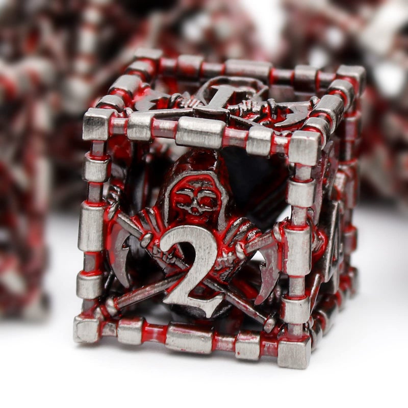 HNCCESG Hollow Grim Reaper Metal DND Dice Set7Piece Polyhedral RPG Dice 3D Hollow Skeleton Design Blood Red Numbers - Image 3