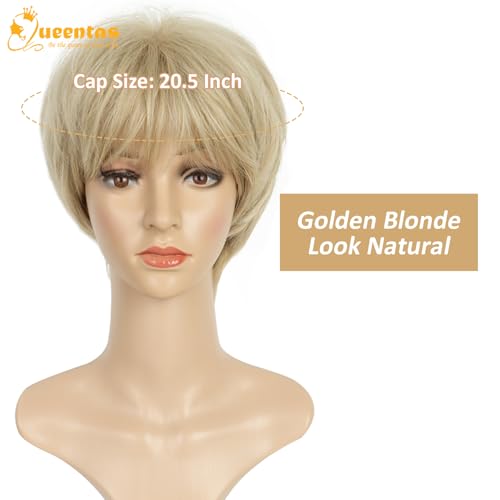 QUEENTAS Short Blonde Wig,Pixie Cut Wigs for White Women with Bangs Pixie Layered Short Hair Wigs for Women Synthetic Hair Daily Use Cosplay(Light Golden Blonde) - Image 2