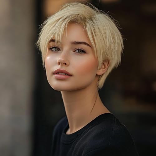QUEENTAS Short Blonde Wig,Pixie Cut Wigs for White Women with Bangs Pixie Layered Short Hair Wigs for Women Synthetic Hair Daily Use Cosplay(Light Golden Blonde) - Image 1