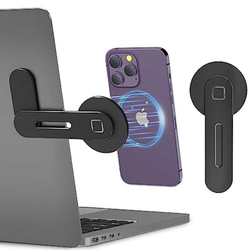Adjustable Laptop Stand Magnetic Phone Holder Aluminum Slim Computer Monitor Side Mount Clip for iPhone MagSafe Series All Phones Portable Foldable Computer Expansion Bracket Black - Image 1