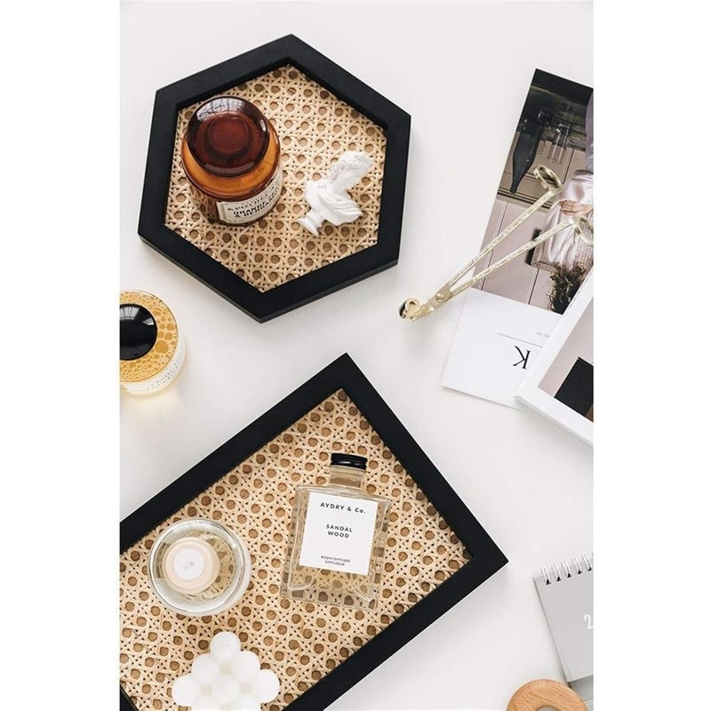 Home simple Japanese style wooden tray perfume jewelry storage tray solid wood frame bamboo rattan decorative tray Color:Wood color rectangle - Image 3