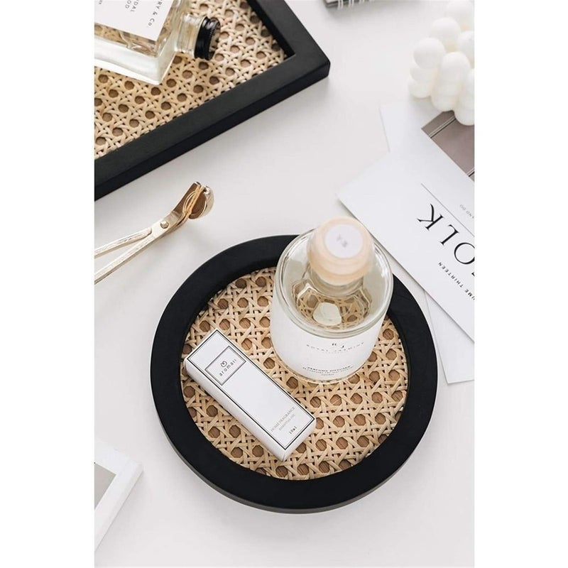 Home simple Japanese style wooden tray perfume jewelry storage tray solid wood frame bamboo rattan decorative tray Color:Wood color rectangle - Image 4
