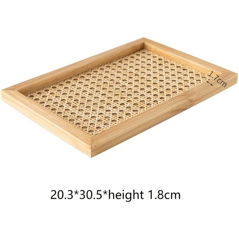 Home simple Japanese style wooden tray perfume jewelry storage tray solid wood frame bamboo rattan decorative tray Color:Wood color rectangle - Image 2