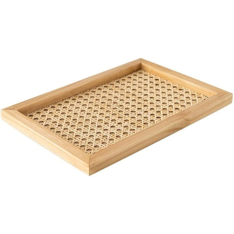 Home simple Japanese style wooden tray perfume jewelry storage tray solid wood frame bamboo rattan decorative tray Color:Wood color rectangle - Image 1