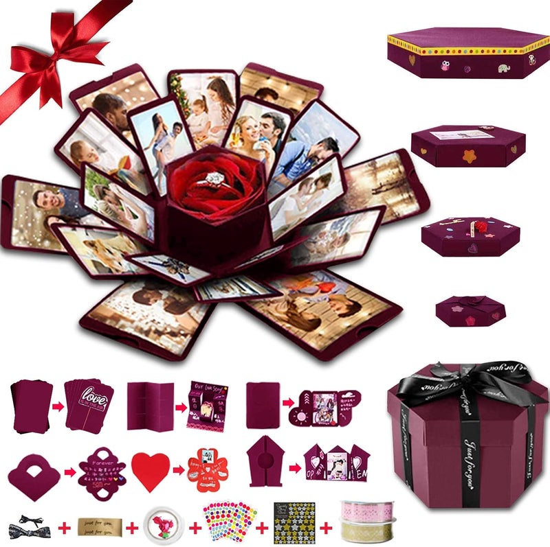 Wanateber Explosion Box, DIY Explosion Gift Box with 6 Faces, Assembled Handmade Photo Box for Birthday Gift, Anniversary, Valentine's Day, Wedding (Red) - Image 1