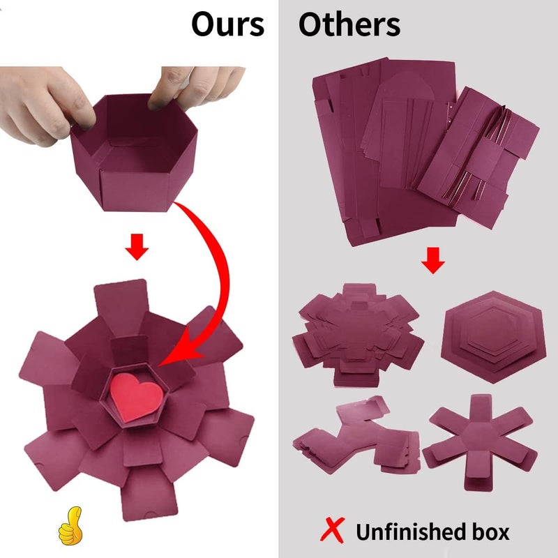 Wanateber Explosion Box, DIY Explosion Gift Box with 6 Faces, Assembled Handmade Photo Box for Birthday Gift, Anniversary, Valentine's Day, Wedding (Red) - Image 4