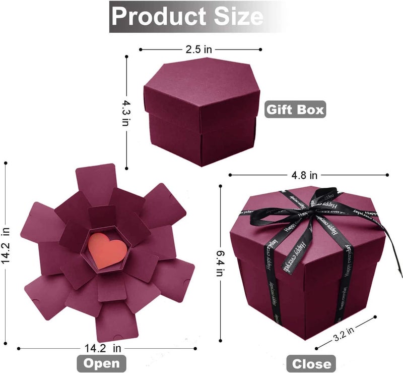 Wanateber Explosion Box, DIY Explosion Gift Box with 6 Faces, Assembled Handmade Photo Box for Birthday Gift, Anniversary, Valentine's Day, Wedding (Red) - Image 2