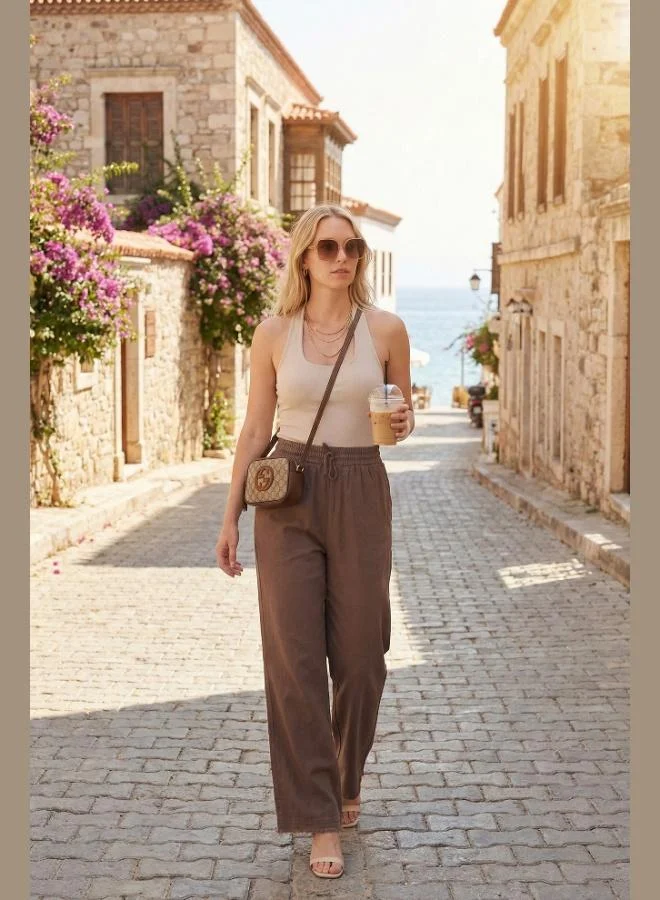 ليلا Lela Cotton High-Waisted Wide-Leg Regular Fit Trousers with Belt and Pockets for Women PANTS 668YP4760