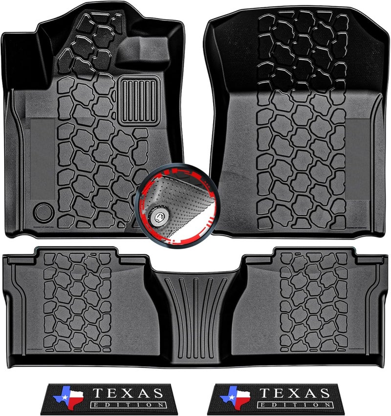 Torcia سجادات أرضية لطراز تويوتا توندرا (Double Cab/Crew Max Cab) للفترة 2014-2021، مصممة خصيصًا بتقنية 3D لتناسب جميع الأحوال الجوية، مزودة بسجادات مطاطية مانعة للانزلاق وشرائط مقاومة للعوامل الجوية قابلة للإزالة، خالية من الروائح وسهلة التنظيف. - Image 1