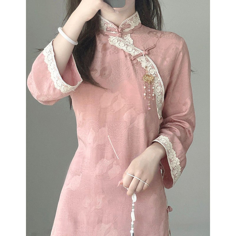 Pink Traditional Qipao Long Sleeve Retro Dress Autumn 2022 Pink 