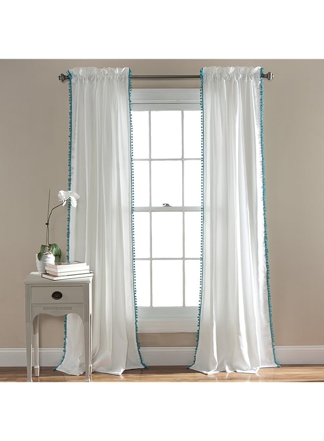 The Bros Pom Curtain | Textured, Solid Color Shabby Chic Style Window Panel Drape for Living, Dining Room, Bedroom (Single), 84” x 50”, 84" x 50", Aqua - Image 1