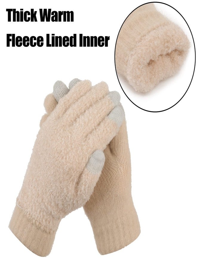 ViGrace Women's Winter Warm Touch Screen Gloves Cable Knit Wool Fleece Lined Touchscreen Texting Mittens for Women, Beige, One size - Image 4