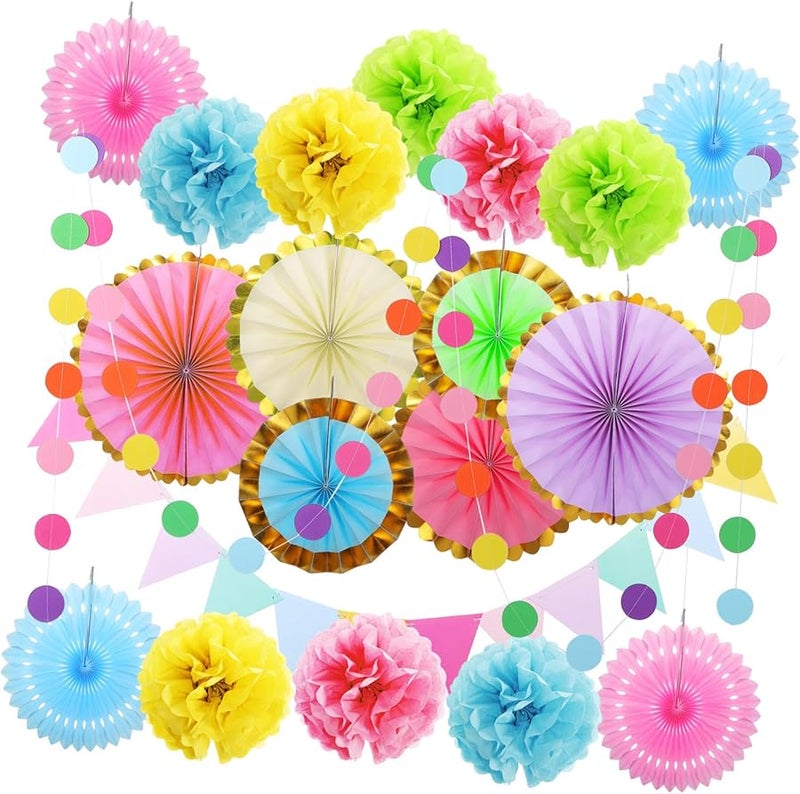Pastel Paper Fan And Pom Pom Party Decorations For Birthday Classroom Celebrations - Image 1