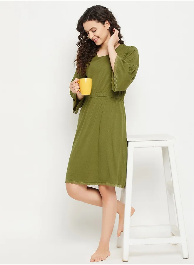 كلوفيا Clovia Chic Basic Short Nighty in Olive Green - Modal