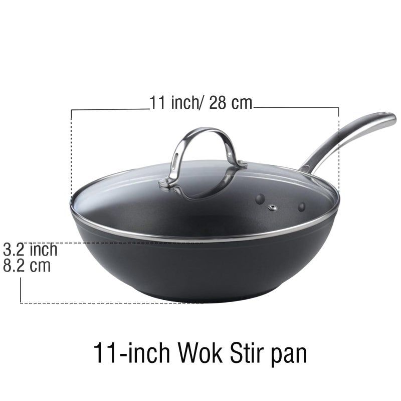 Cooks Standard مقلاة ووك غير لاصقة من كوك ستاندرد 11 بوصة، مقلاة عميقة مؤكسدة صلبة مع غطاء زجاجي، قاع مسطح، سوداء - Image 2