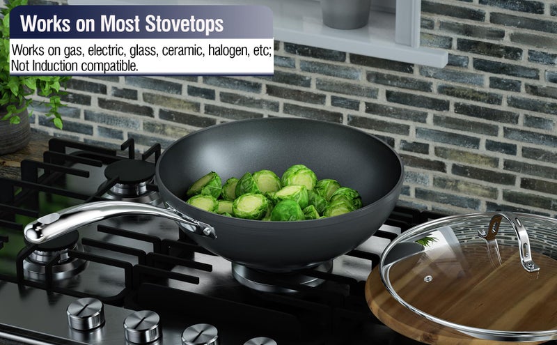 Cooks Standard مقلاة ووك غير لاصقة من كوك ستاندرد 11 بوصة، مقلاة عميقة مؤكسدة صلبة مع غطاء زجاجي، قاع مسطح، سوداء - Image 4