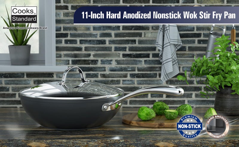Cooks Standard مقلاة ووك غير لاصقة من كوك ستاندرد 11 بوصة، مقلاة عميقة مؤكسدة صلبة مع غطاء زجاجي، قاع مسطح، سوداء - Image 3