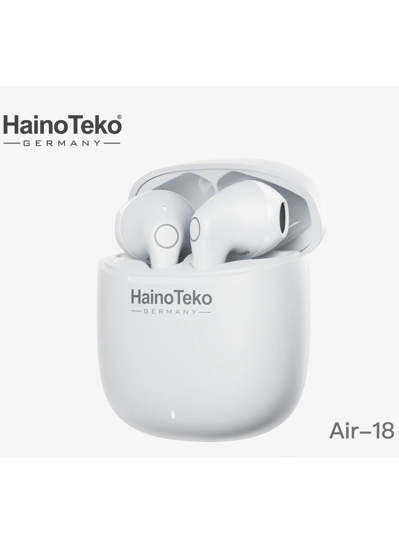 هينو تيكو سماعة أذن Haino Teko Air 18 True اللاسلكية مع ميكروفون فائق الوضوح وتحكم متعدد الوظائف باللمس مصمم للهواتف المحمولة والأجهزة اللوحية التي تعمل بنظام Android باللون الأبيض - Image 3