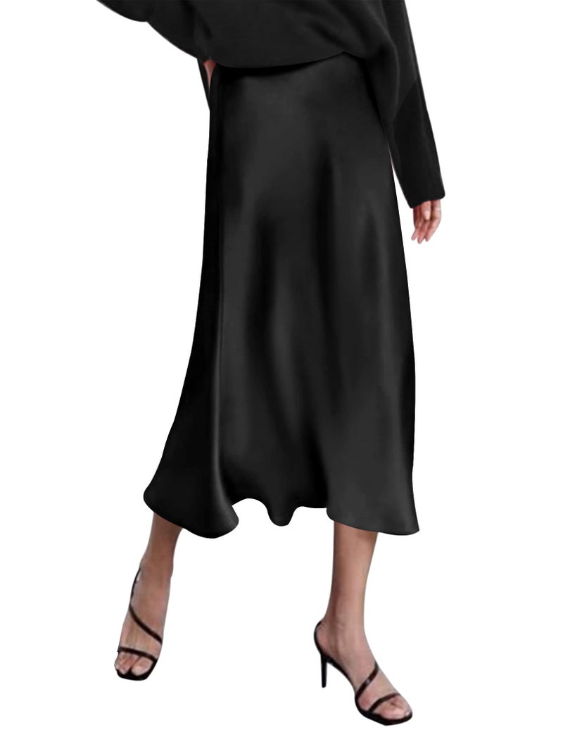 Zeagoo Women's Black Silk Work High Waisted Skirt Midi Dress Soft Casual Skirt - Image 1