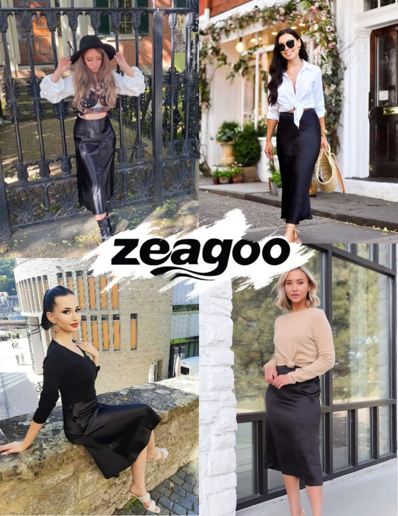 Zeagoo Women's Black Silk Work High Waisted Skirt Midi Dress Soft Casual Skirt - Image 2