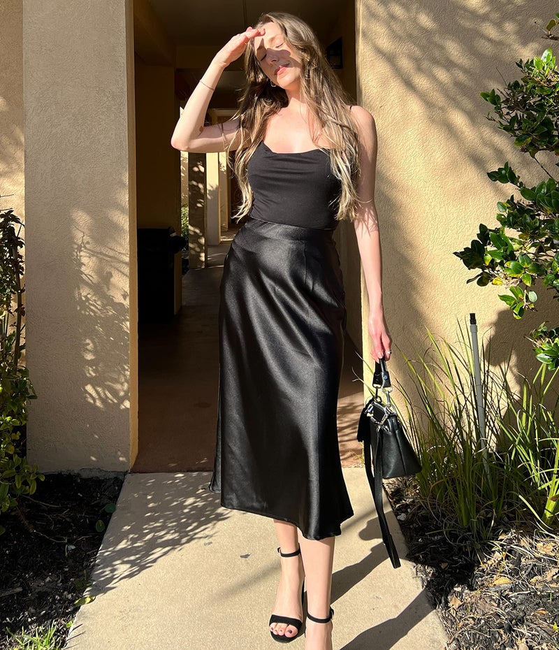 Zeagoo Women's Black Silk Work High Waisted Skirt Midi Dress Soft Casual Skirt - Image 3