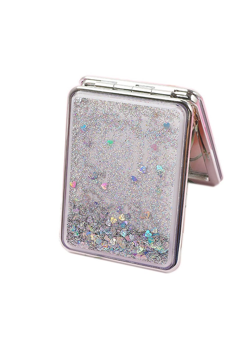 Y&D Pocket Mirror Purse Makeup Double Sided Portable Compact Creative Quicksand Small Mini Glitter Foldable Fashion Hand Travel Silver - Image 1