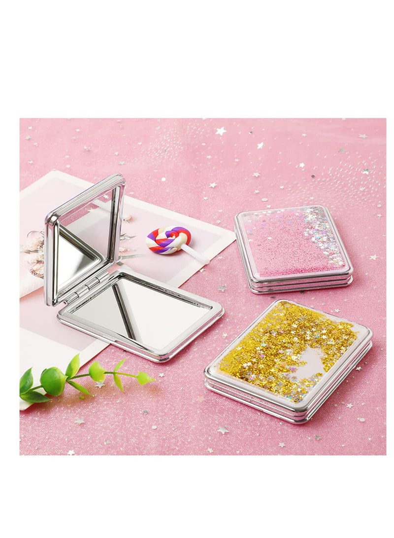 Y&D Pocket Mirror Purse Makeup Double Sided Portable Compact Creative Quicksand Small Mini Glitter Foldable Fashion Hand Travel Silver - Image 3