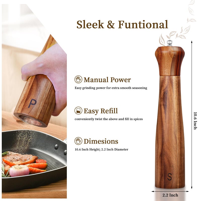 Haomacro 2 Pack 10 Inch Acacia Wooden Salt and Pepper Grinder Set, Manual Salt and Pepper Mills, Salt Grinder Refillable with Adjustable Coarseness, Ceramic/Stainless Steel Core Tableware Gifts - Image 3