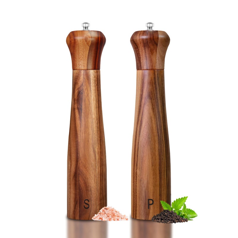 Haomacro 2 Pack 10 Inch Acacia Wooden Salt and Pepper Grinder Set, Manual Salt and Pepper Mills, Salt Grinder Refillable with Adjustable Coarseness, Ceramic/Stainless Steel Core Tableware Gifts - Image 1