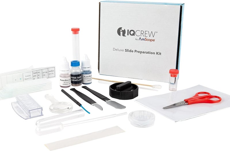 AmScope IQCrew 40Piece Deluxe Microscope Slide Preparation Kit  Essential Student Tool Kit wStains  Shrimp Hatchery Experiment  SP18 