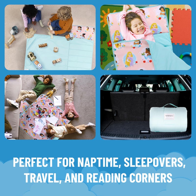 Jay Franco Kids Nap Mat Cartoon Embedded Pillow & Blanket â€“ Soft 46"x20"Microfiber Sleeping Bag with Name Tag & Handle for School, Travel, Sleepover, Pink - Disney Princess - Image 3